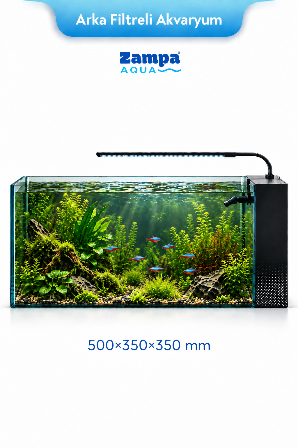 Zampa AQUA Jingming Akvaryum Arka Filtreli Siyah 500×350×350 mm