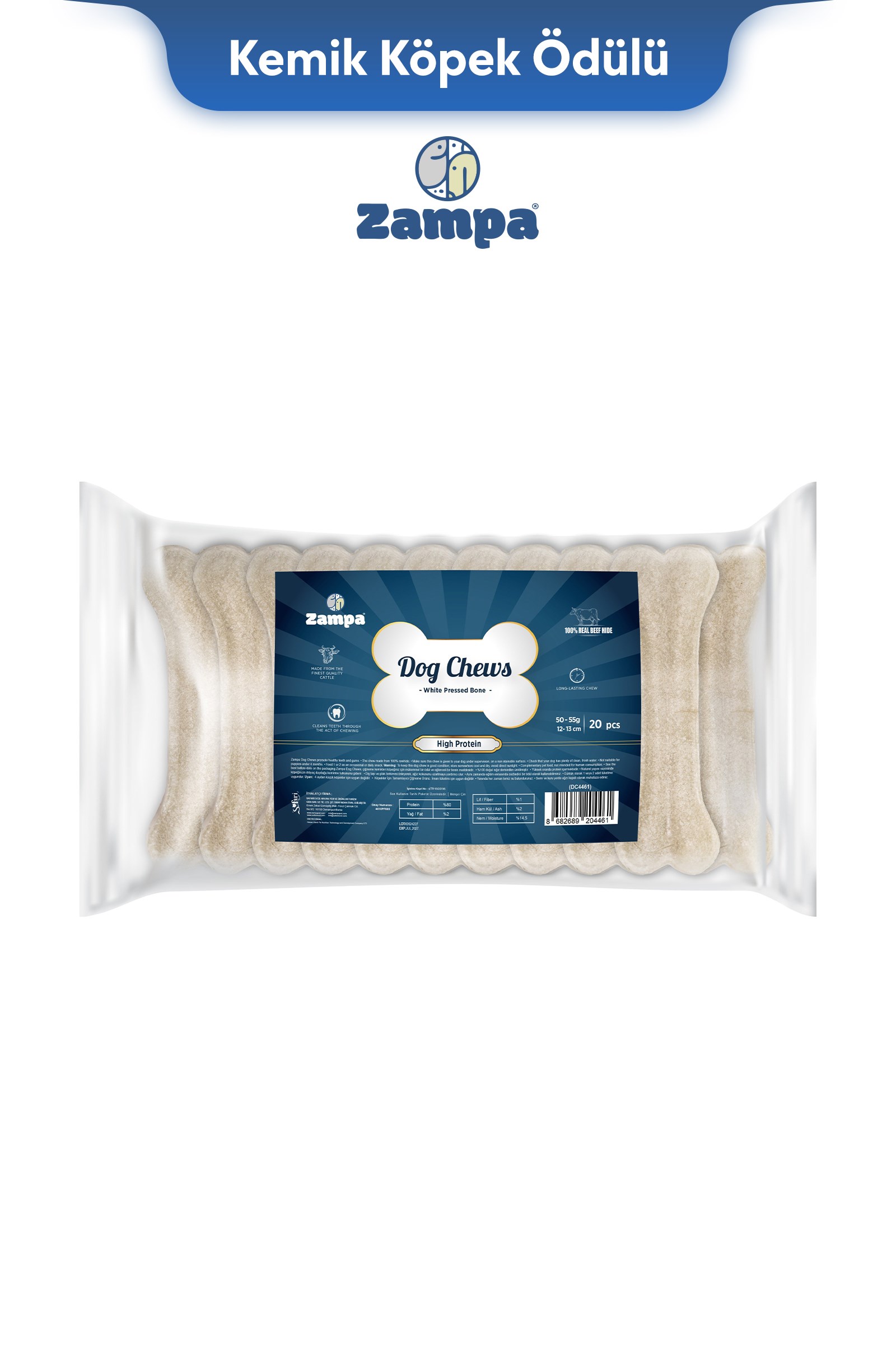 Zampa Beyaz Press Kemik Köpek Ödülü 20 li 50-55g