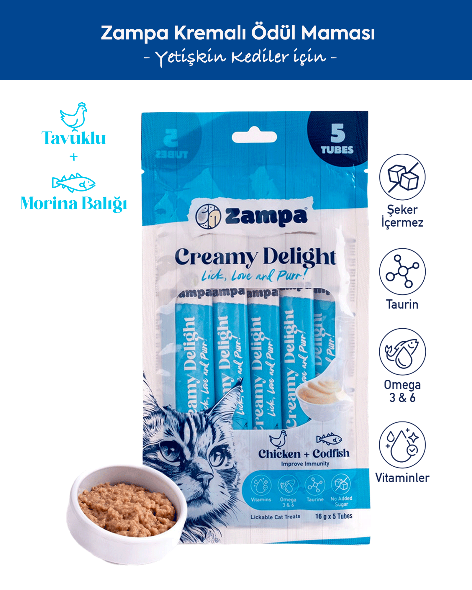 Zampa Creamy Delight Tavuklu & Morina Balıklı Kedi Krema Ödül Maması - 16g x 5