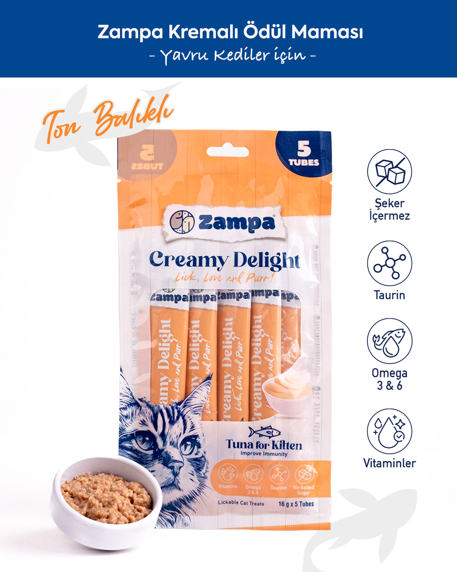 Zampa Creamy Delight Yavru Kediler için Ton Balıklı Krema Ödül Maması - 16g x 5