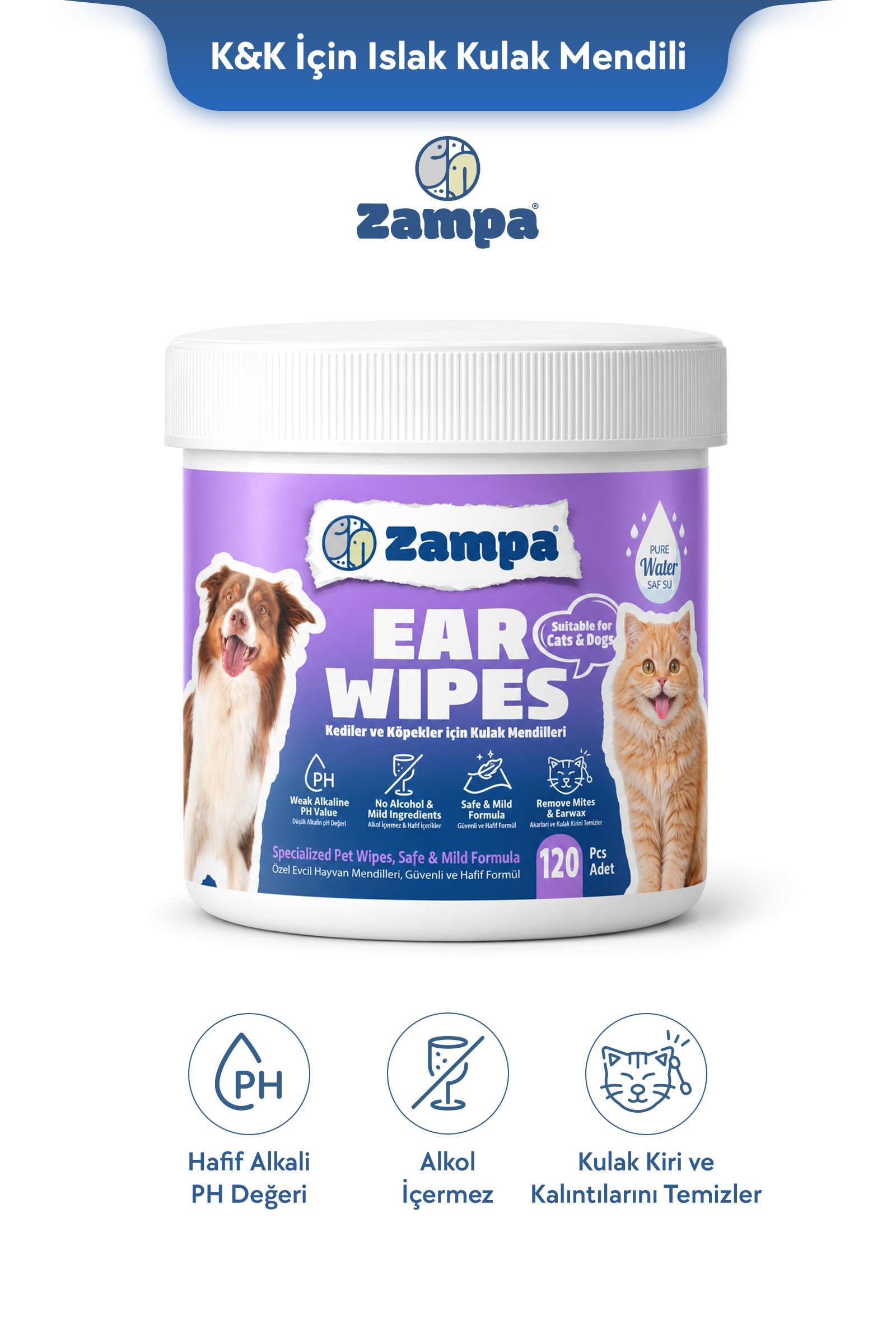 Zampa Kedi & Köpek için Islak Kulak Mendili - 120li