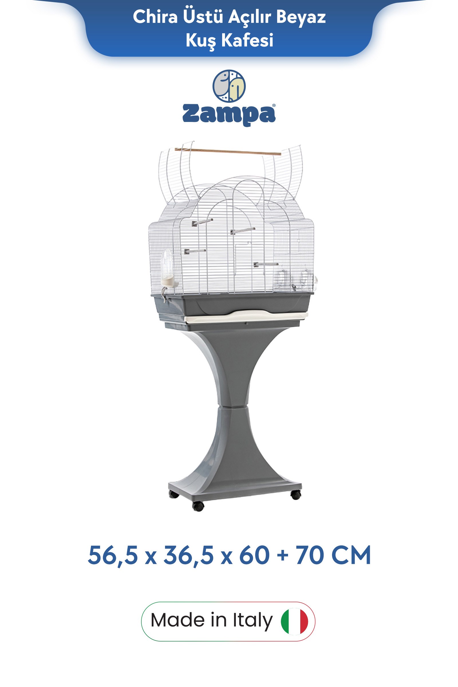 Zampa Plus Chiara Üstü Açılabilir Stantlı Kuş Kafesi Beyaz 56,5x36,5x60+70cm