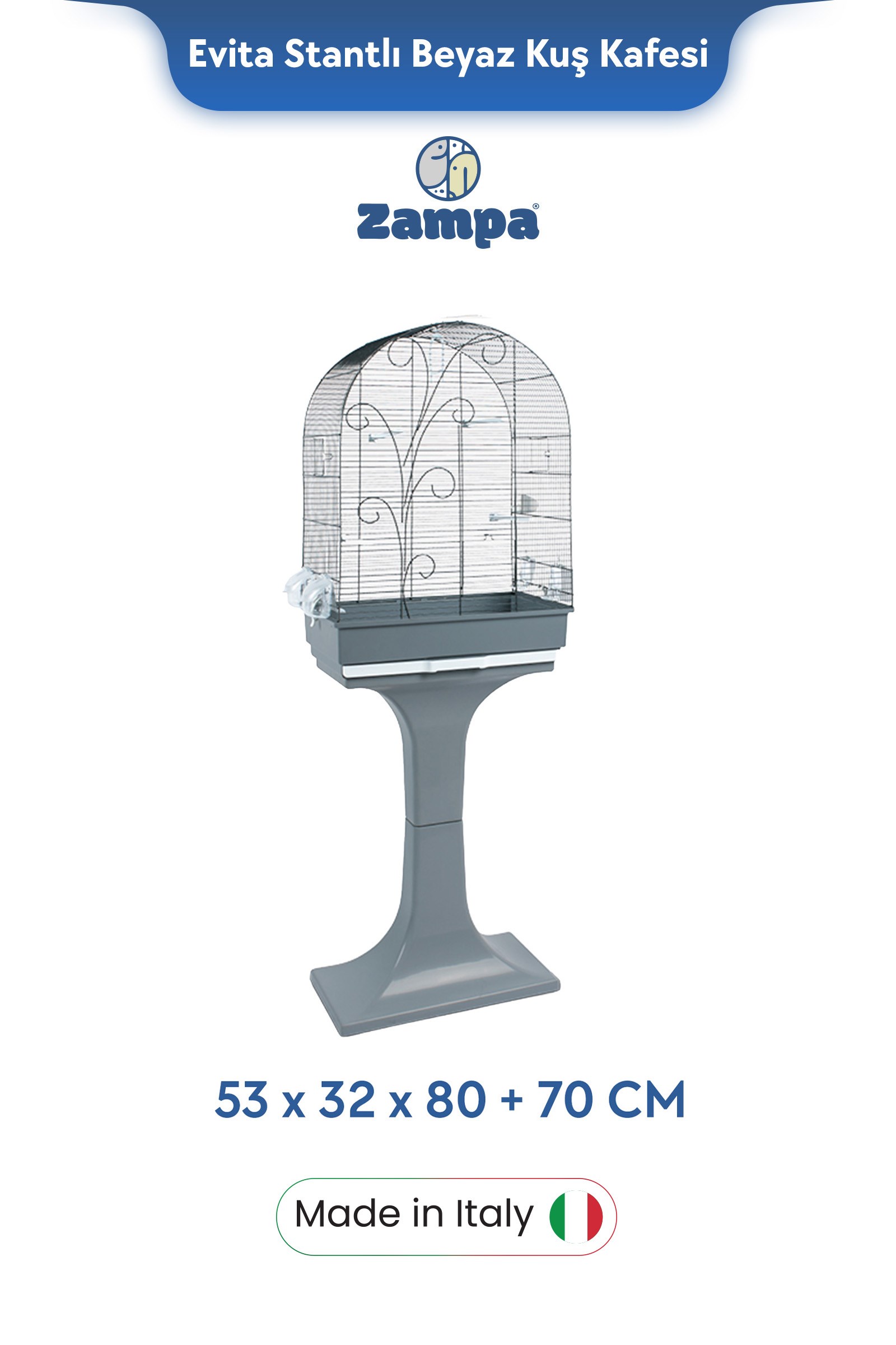 Zampa Plus Evita Stantlı Kuş Kafesi Gri 53x32x80 +70 cm