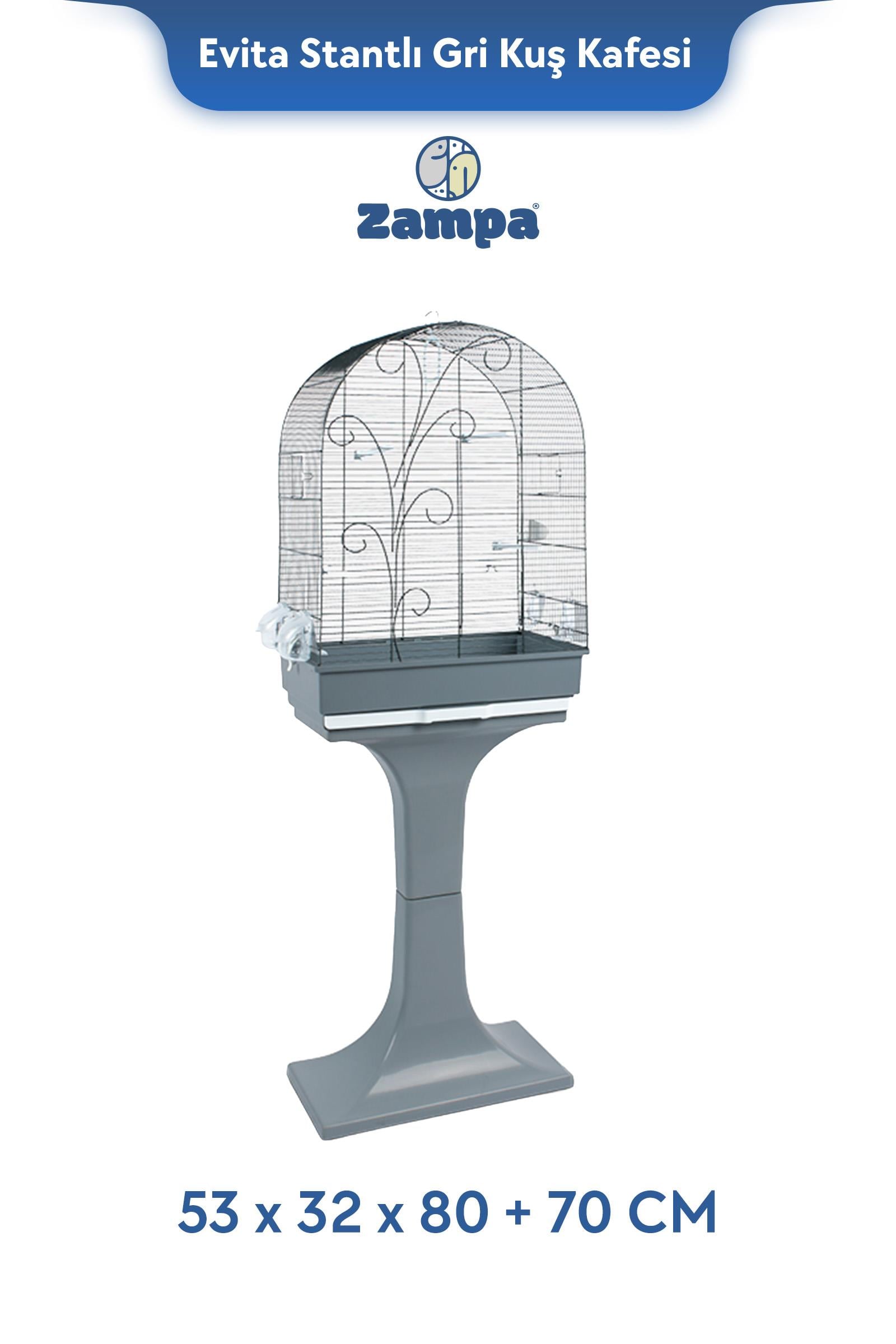 Zampa Plus Evita Stantlı Kuş Kafesi Gri 53x32x80 +70 cm