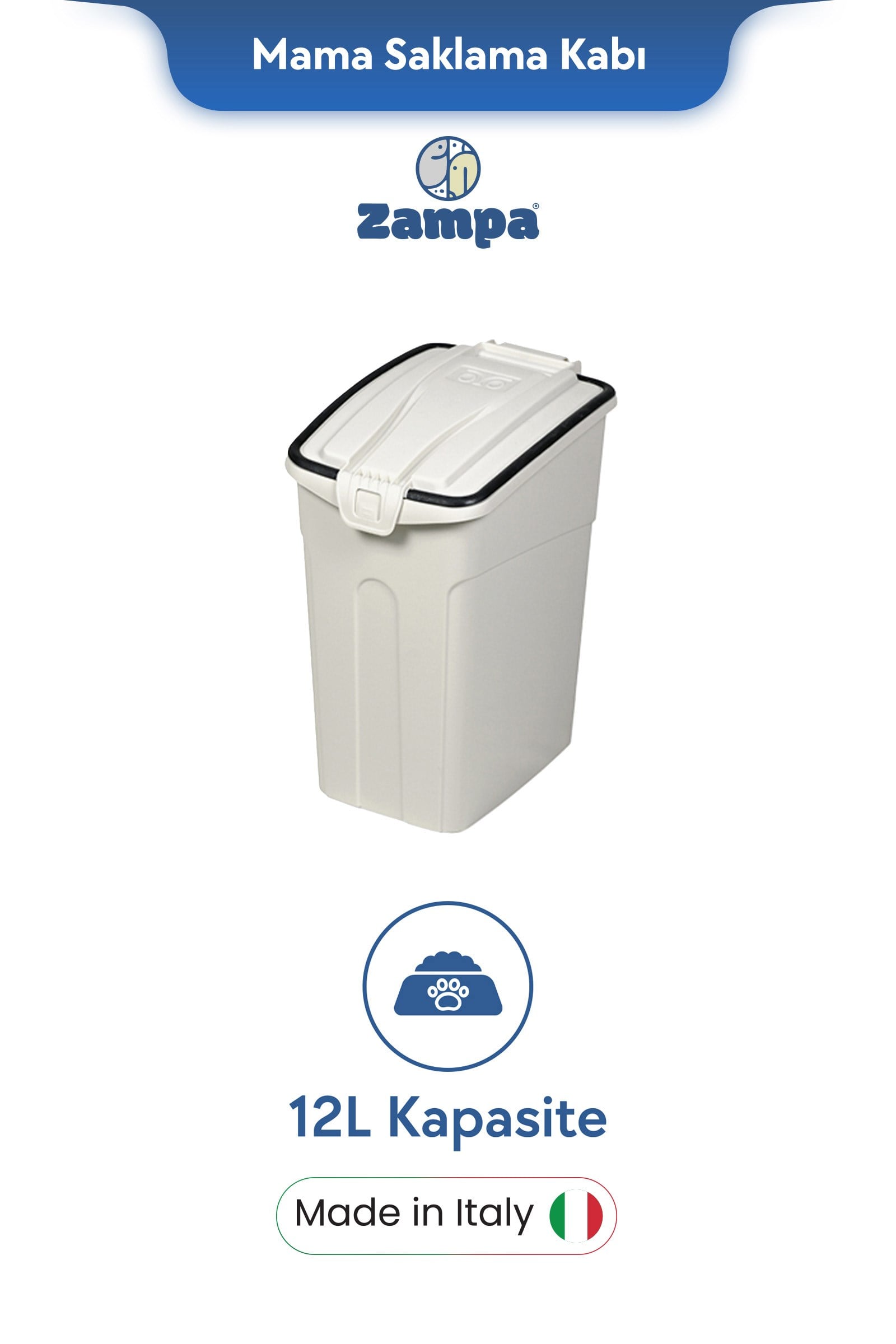 Zampa Plus Oto S Beyaz Mama Saklama Kabı (12L)