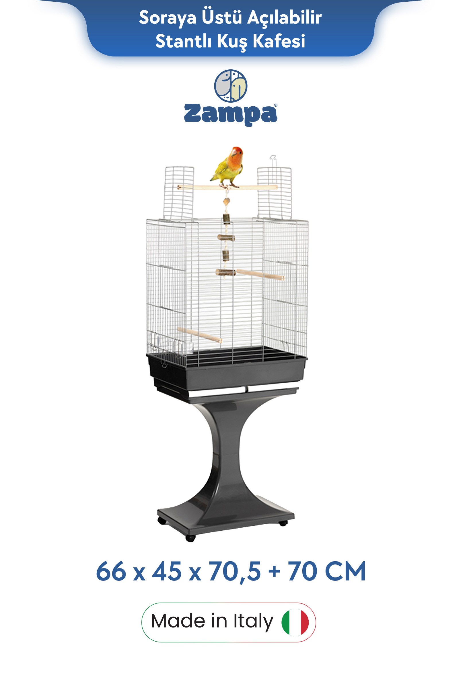 Zampa Plus Soraya Stantlı Kuş Kafesi Krom 66x45x70,5+70 cm