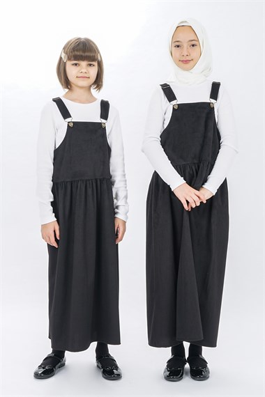 Genç Kız Fitilli Kadife Jile Elbise  SiyahCE1405