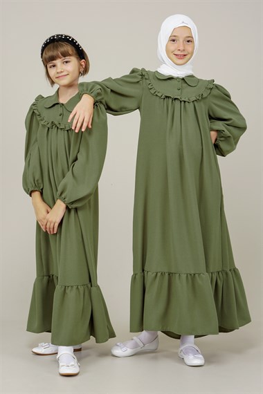 Genç Kız Gömlek Yaka Düğmeli Boydan Elbise  HakiCE2206