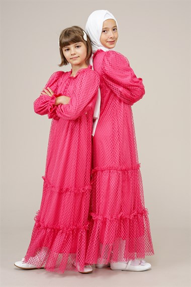 Genç Kız Kat Kat Pileli Boydan Elbise  FuşyaCE2204