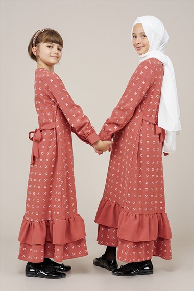 Genç Kız Pile Detaylı Boydan Elbise  KiremitCE2208