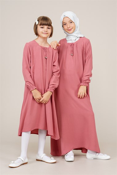 Genç Kız Yakası Büzgü Detay Elbise  Gül KurusuBE7001
