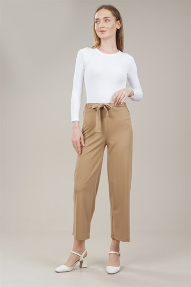 Kadın Belden Lastikli ve Kuşaklı Krep İspanyol Pantolon  VizonAS1471