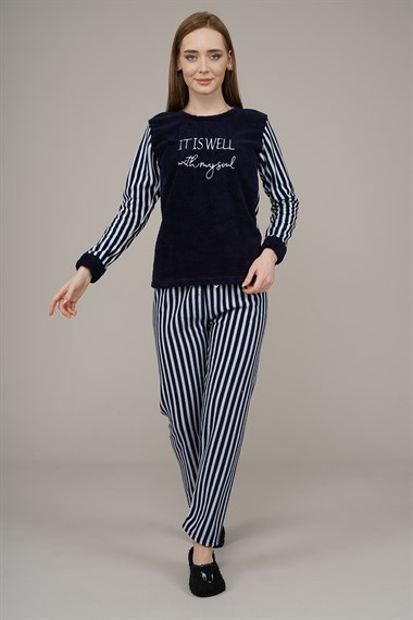 Kadın Çizgi Detaylı Pijama Takımı  Lacivert2024