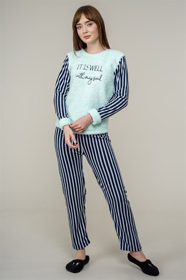Kadın Çizgi Detaylı Pijama Takımı  Mint2024
