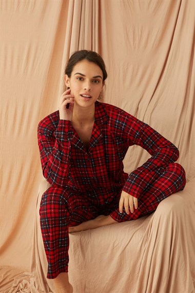 Kadın Düğmeli Pijama Takımı  Bordo55271