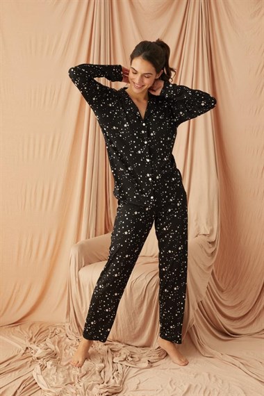 Kadın Düğmeli Pijama Takımı  Siyah55271
