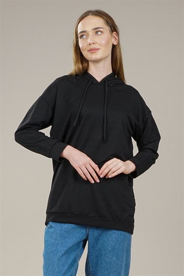 Kadın Kapüşonlu Yetim Kol Oversize Sweatshirt  SiyahAS0068