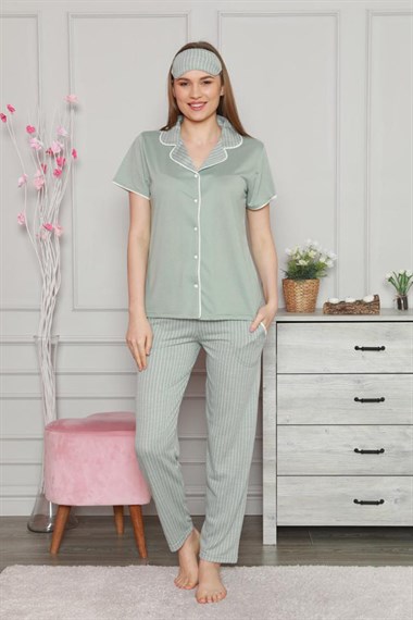 Kadın Kısa Kollu Önden Düğmeli Pijama Takımı  Mint8400