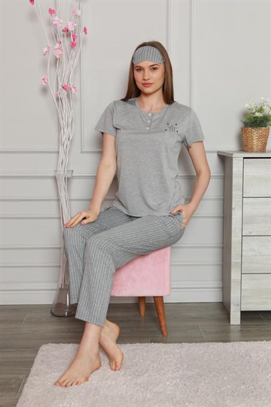 Kadın Kısa Kollu Patlı Pijama Takımı  Gri8300