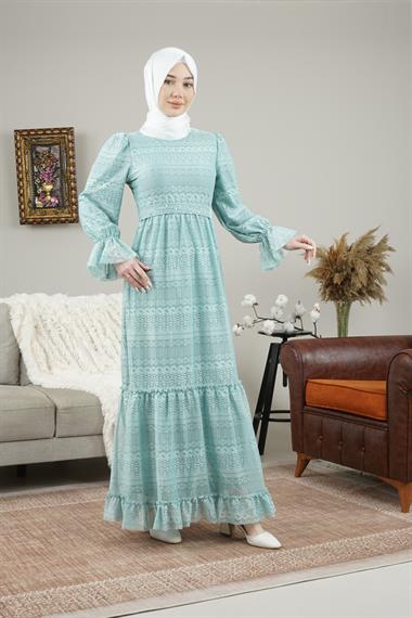 Kadın Kolları Lastikli İncili Dantel Sulu Uzun Elbise MintMO1045