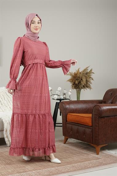 Kadın Kolları Lastikli İncili Dantel Sulu Uzun Elbise Gül KurusuMO1045