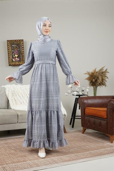 Kadın Kolları Lastikli İncili Dantel Sulu Uzun Elbise GriMO1045