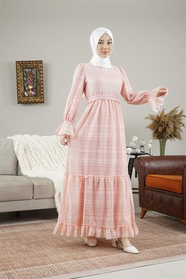 Kadın Kolları Lastikli İncili Dantel Sulu Uzun Elbise PudraMO1045