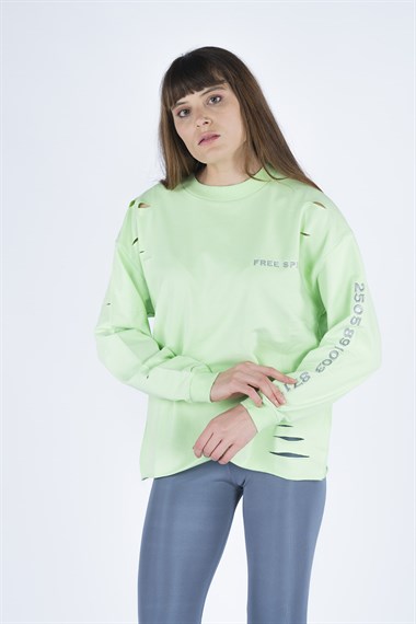 Kadın Lazer Kesikli Baskılı Sweatshirt  Fıstık Yeşili4367