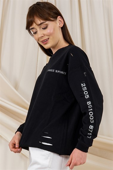 Kadın Lazer Kesikli Baskılı Sweatshirt  Siyah4367