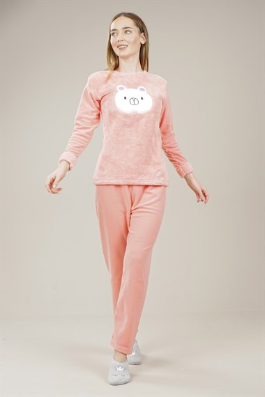 Kadın Panda Detaylı Polar Pijama Takımı  SomonMİ1019
