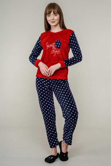 Kadın Puantiye Detaylı Pijama Takımı  Kırmızı1937