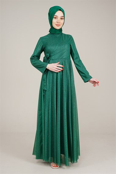 Kadın Sim Detaylı Tüllü Uzun Elbise Zümrüt YeşiliAT2904