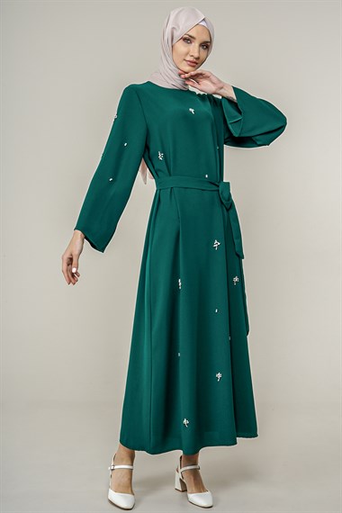 Kadın Taş İşlemeli Krep Elbise  Zümrüt Yeşili8914