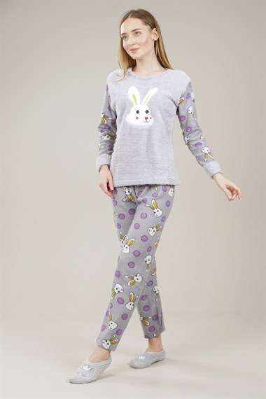 Kadın Tavşan Detaylı Polar Pijama Takımı  GriMİ1009