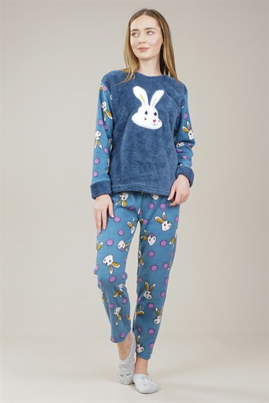 Kadın Tavşan Detaylı Polar Pijama Takımı  LacivertMİ1009