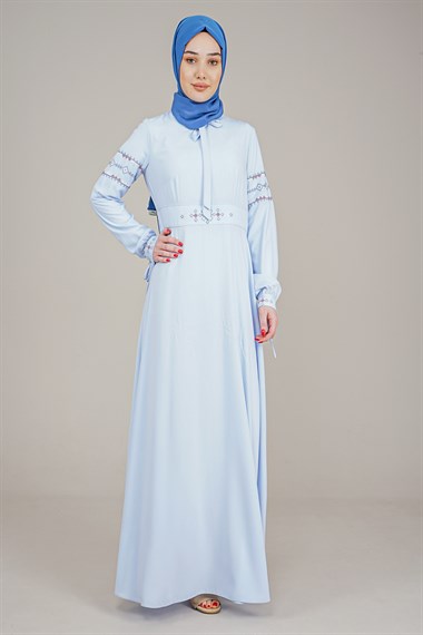 Kadın Yakası Ve Kolları İpli Nakışlı Elbise MaviETE630351