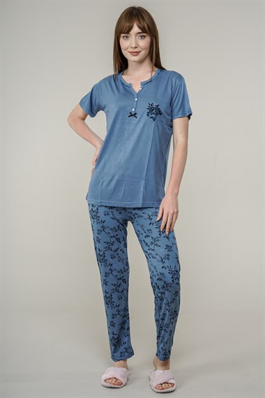 Kadın Yaprak Desenli Pijama Takımı  MaviL5200