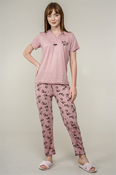 Kadın Yaprak Desenli Pijama Takımı  PudraL5200