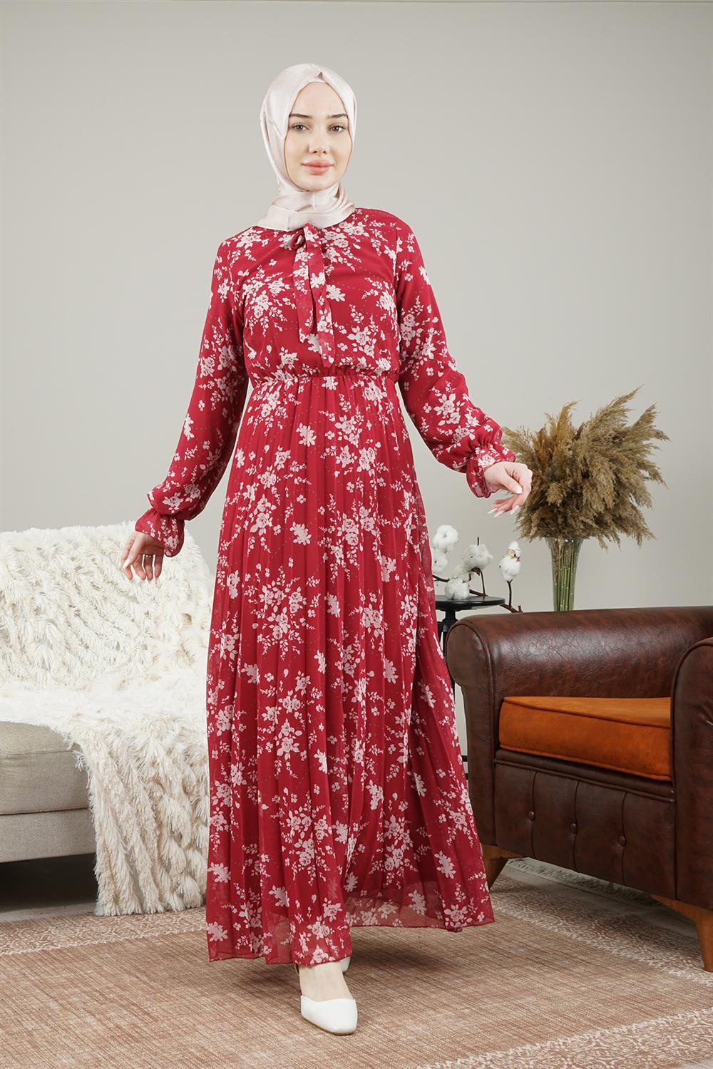 Kadın Boydan Bağlamalı Belden Lastikli Şifon Elbise- Markosin