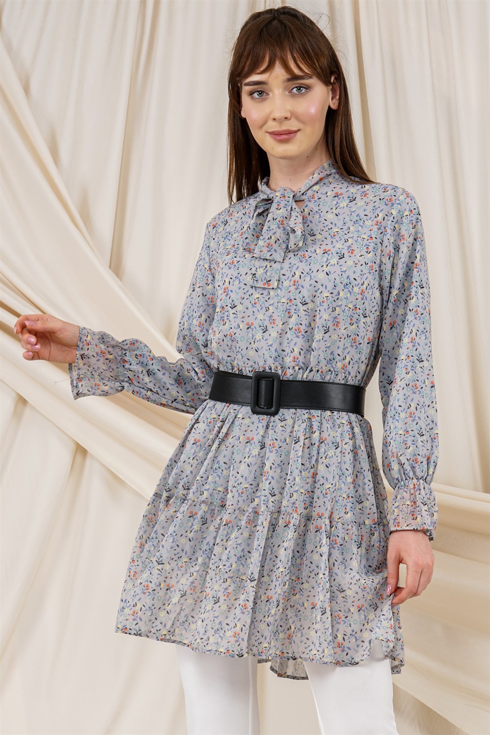 Kadın Çiçek Desenli Kemer Detaylı Bol Kesim Tunik  GriAT8005