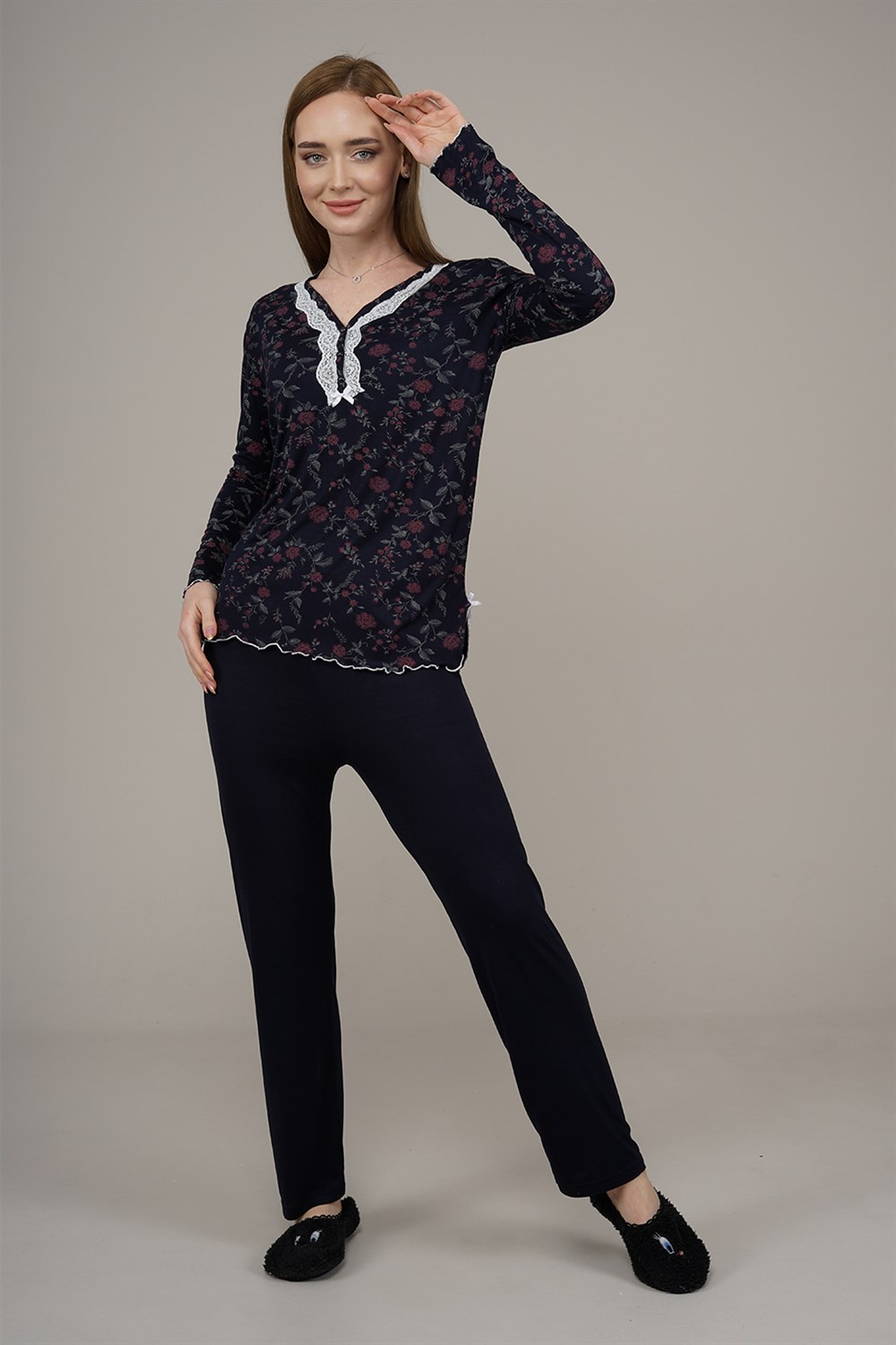 Kadın Çiçek Desenli Pijama Takımı  LacivertL0401