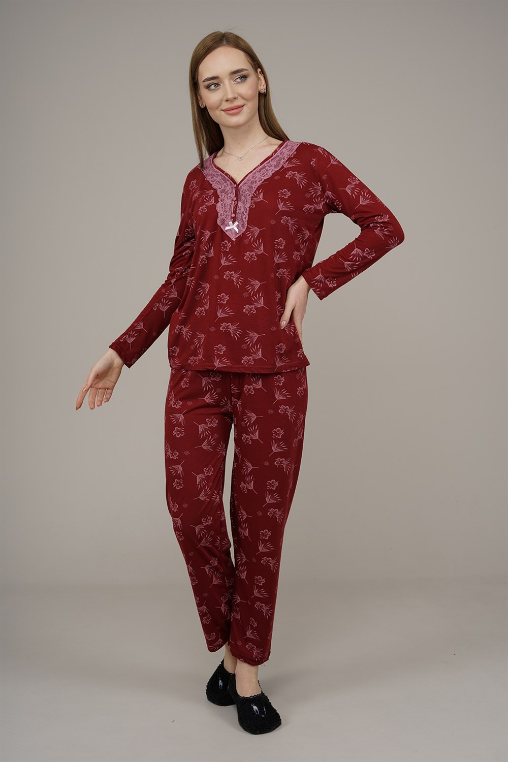 Kadın Çiçek Desenli Pijama Takımı  MürdümL2101