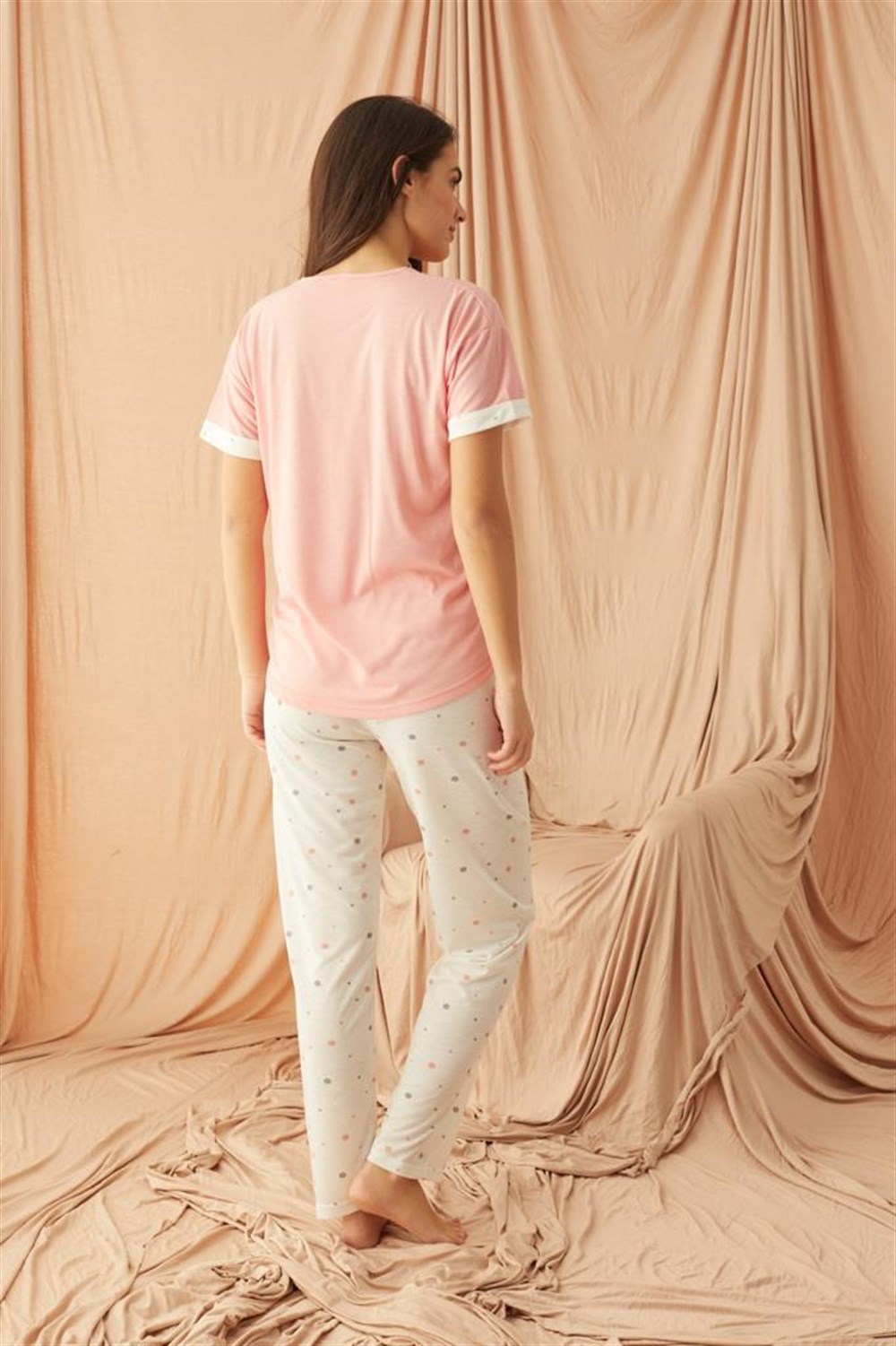 Kadın Desenli Kısa Kollu Pijama Takımı  Pudra731022