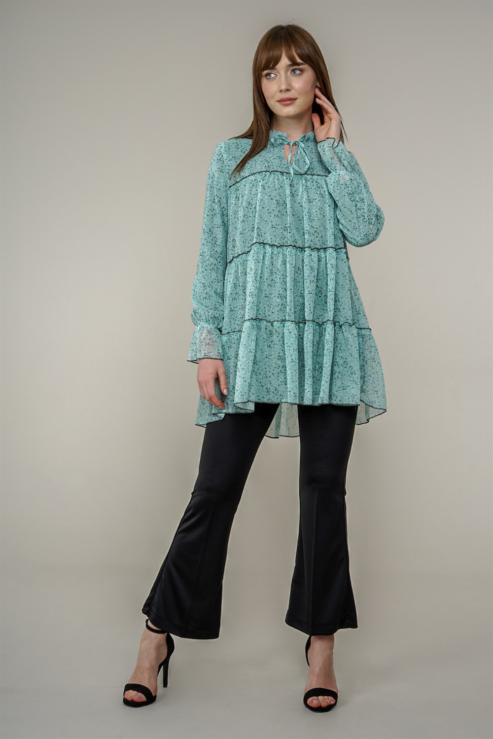 Kadın Desenli Şifon Bluz  Mint5333