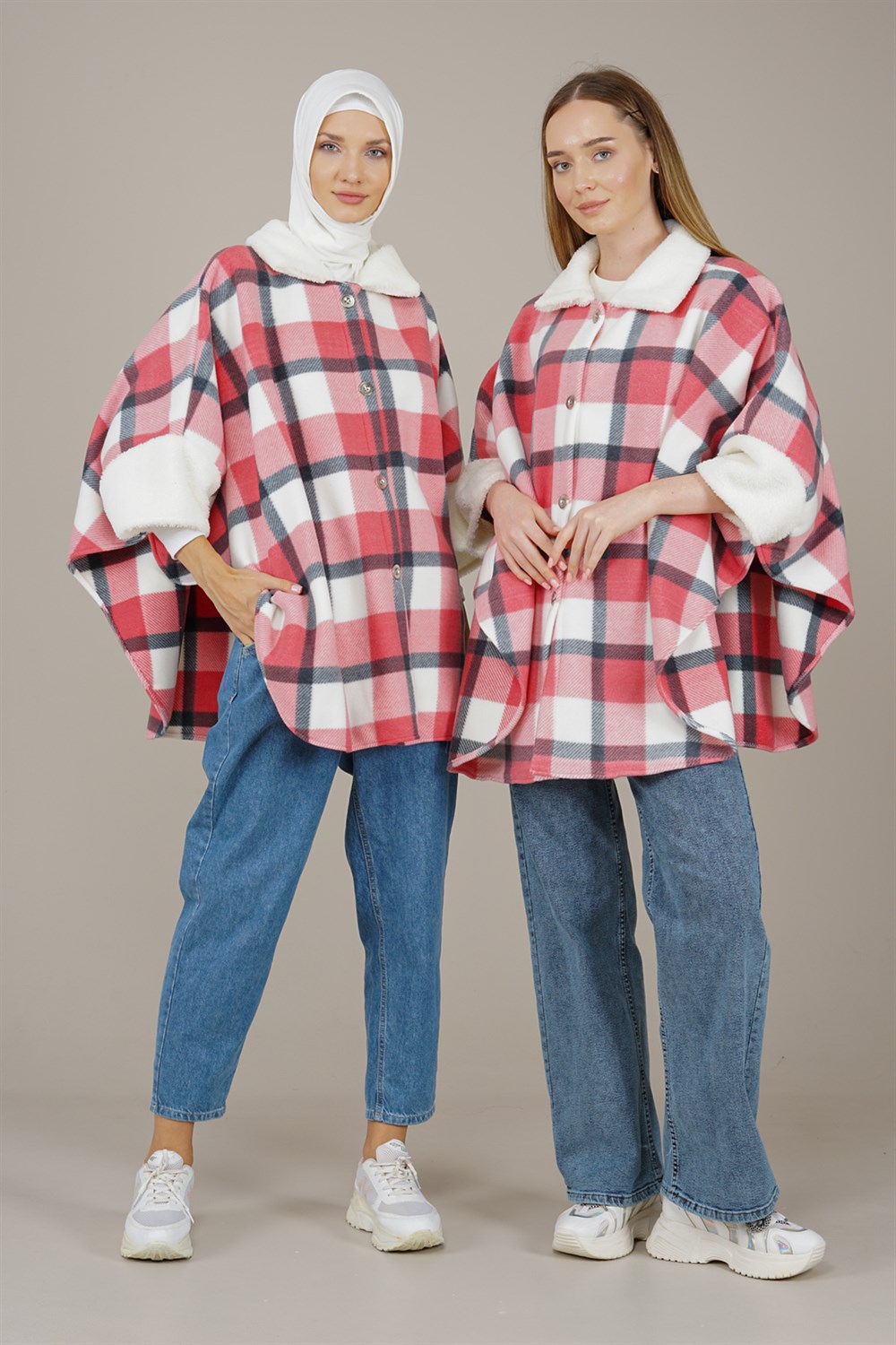 Kadın Ekose Desenli Panço  PembePE180820