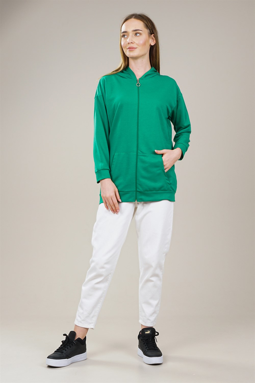 Kadın Fermuarlı Yetim Kol Oversize Sweatshirt  YeşilAS0066