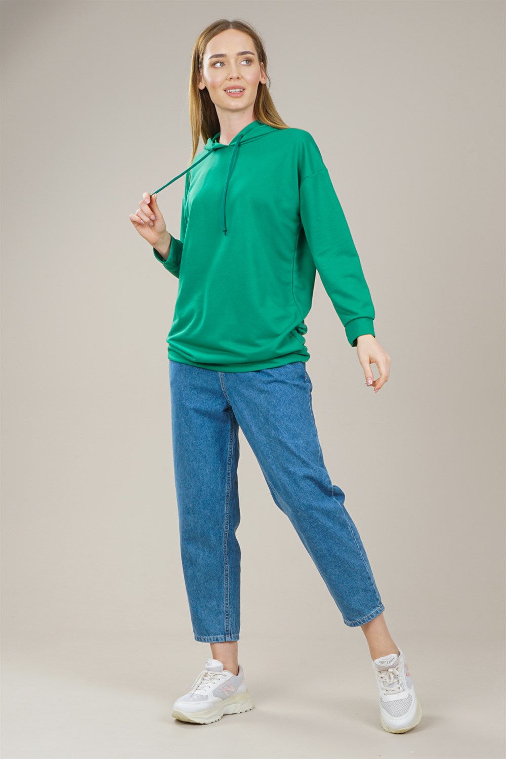 Kadın Kapüşonlu Yetim Kol Oversize Sweatshirt  YeşilAS0068