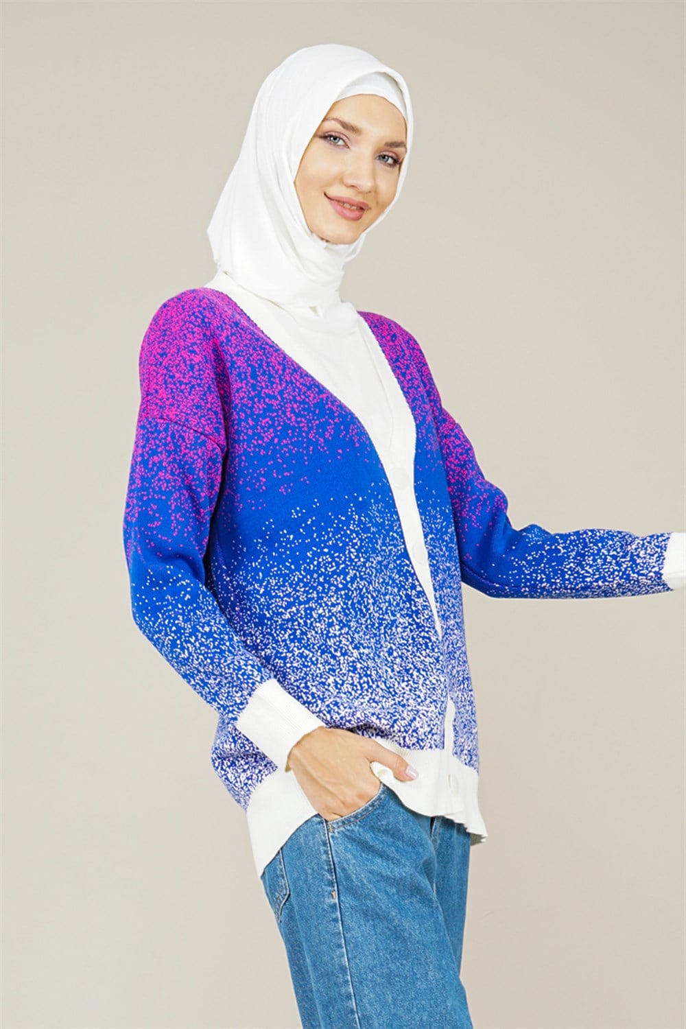 Kadın Kar Yağdı Desenli Oversize Hırka  MaviSY260220