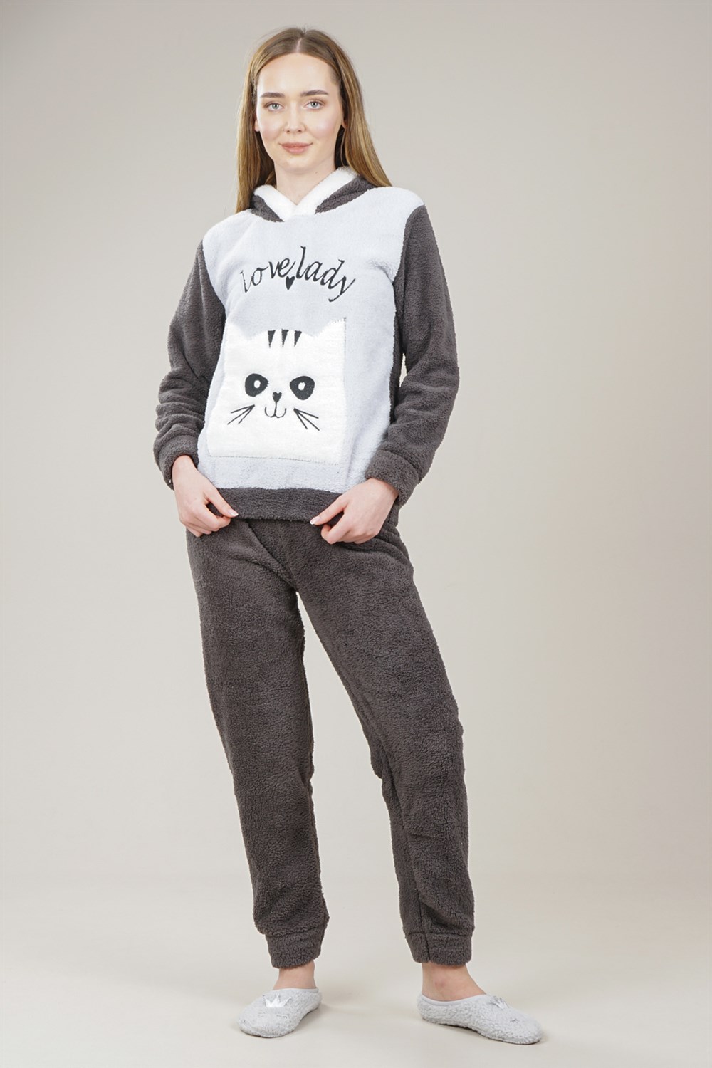 Kadın Kedi Detaylı Yazılı Polar Pijama Takımı - Markosin