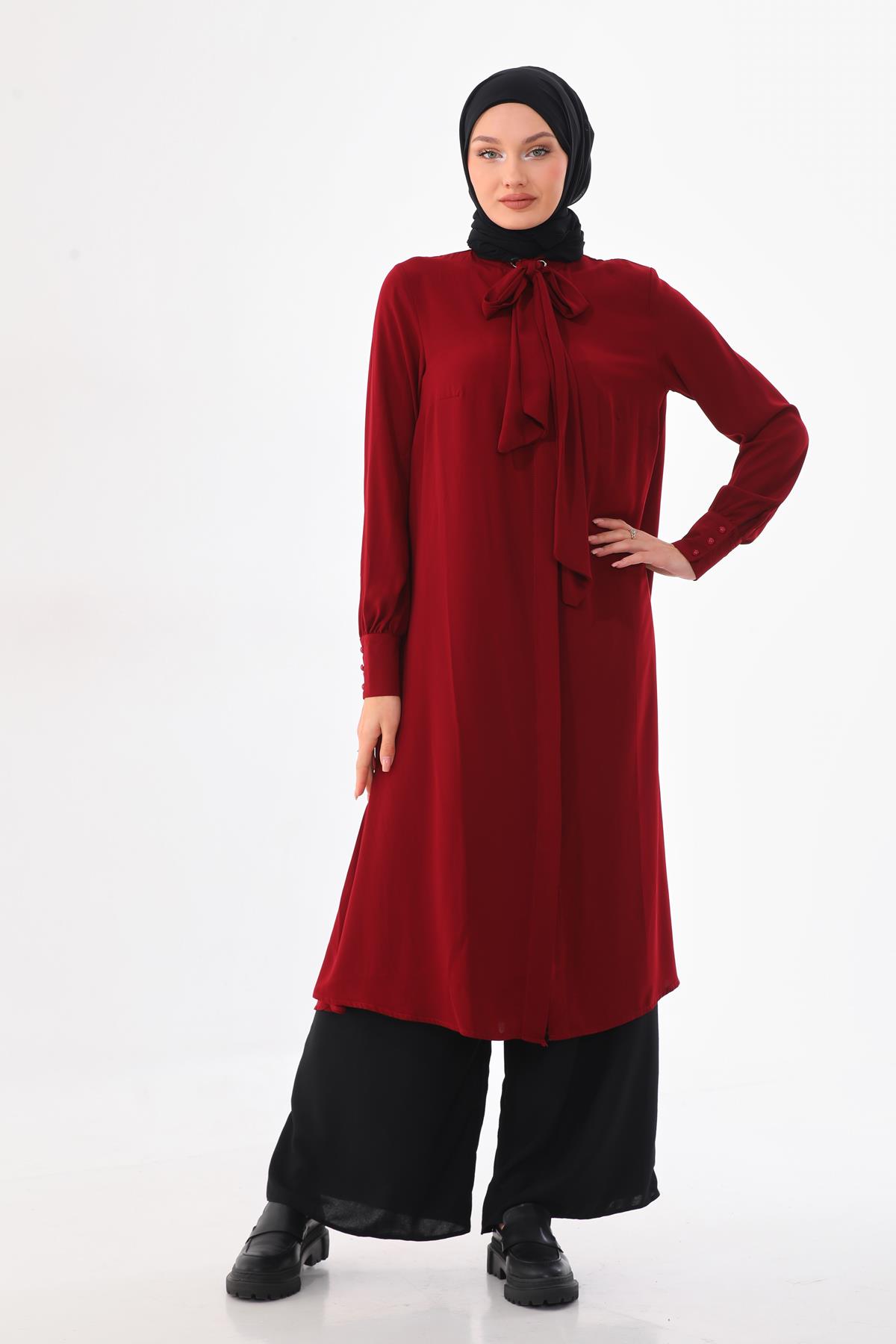 Kadın Kuş Gözlü Fularlı Tunik BordoN1404